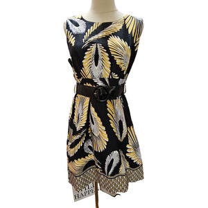 Joei & I Bold Yellow Black Abstract Print Fit & Flare Belted Dress size 8 Med‎